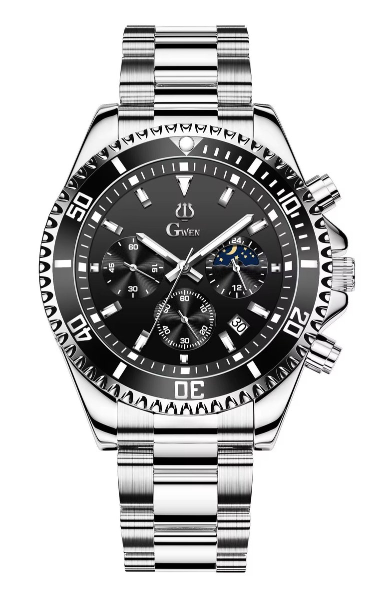 Gwen Herenhorloge Zilverkleurig met stopwatch en perpetual kalender