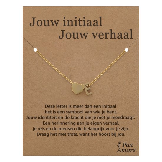 Collier Lettre E sur carte cadeau - Votre initiale, votre histoire - Acier inoxydable doré 45 cm - Pendentif initiale et cœur - Pax Amare