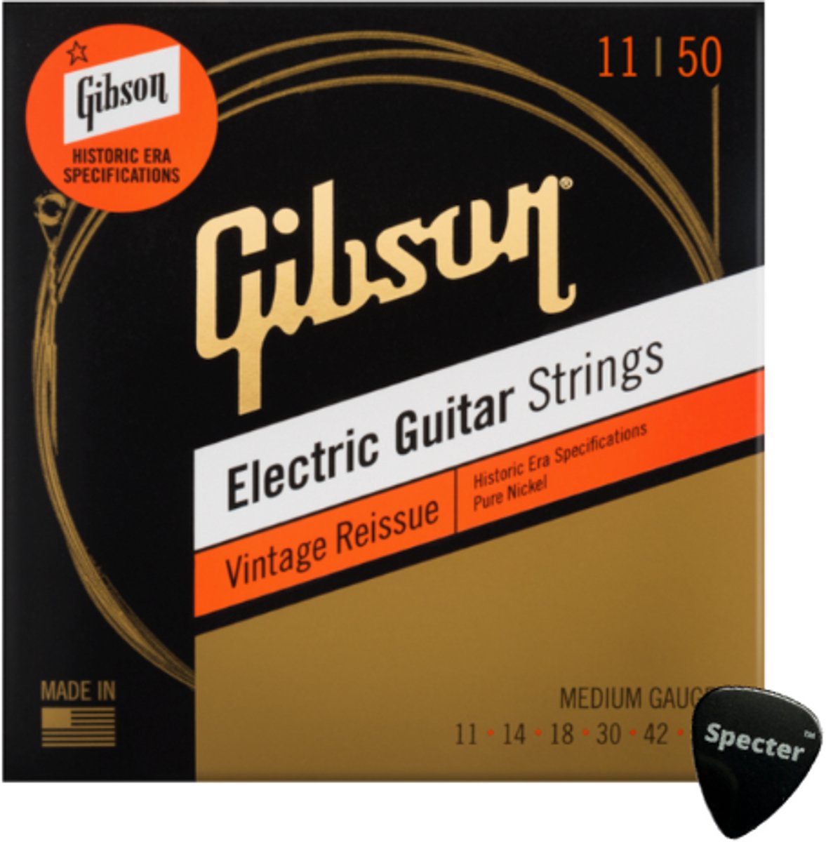 Gibson Nikkel Historic Era Vintage Reissue Gitaarsnaren Elektrische Gitaar 11-50 + Specter Plectrum – Klassieke Klank en Topkwaliteit