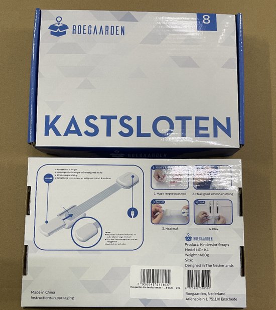 Verpakking van 8 Roegaarden kastsloten voor kinderen, zonder boren. Zwart. Gemaakt in China.