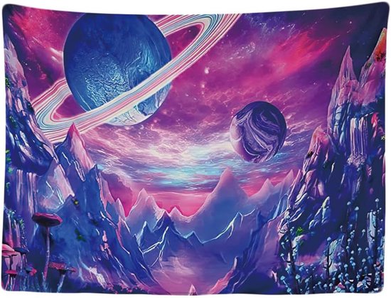 Wandkleed met paarse luchten, planeten met ringen en paarse bergen.
