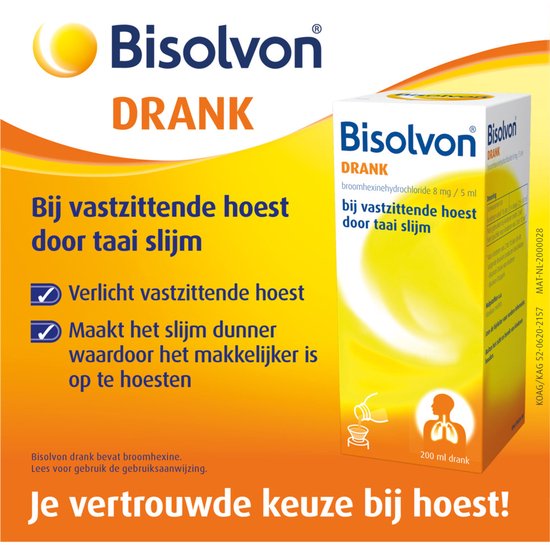 Bisovolon drank met informatie: verlicht vastzittende hoest, maakt slijm dunner. Je vertrouwde keuze bij hoest!