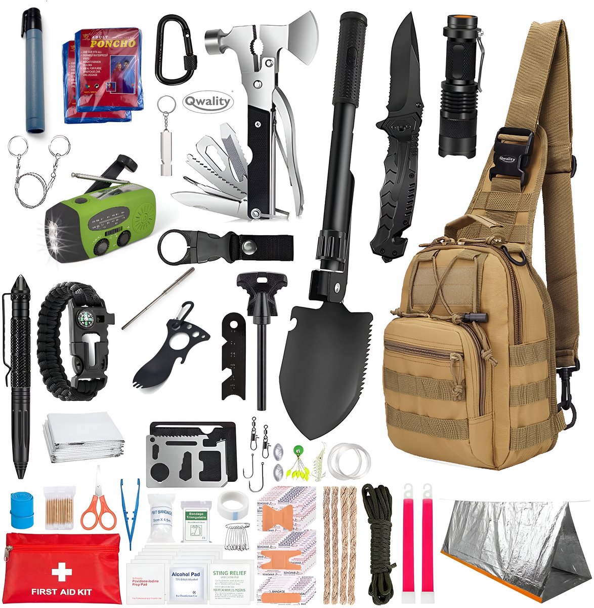 Survival Kit XL – Incl. Noodradio - Nooduitrusting – 44-Delig - Professionele Survival Set – Noodpakket – Overlevingspakket – Survivalset - Qwality®