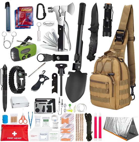 Survival Kit XL – Incl. Noodradio - Nooduitrusting – 44-Delig - Professionele Survival Set – Noodpakket – Overlevingspakket – Survivalset - Qwality®