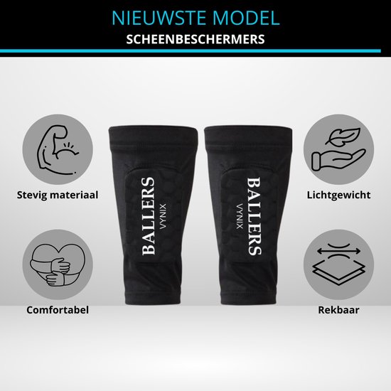 Zwarte Vynix Ballers scheenbeschermers met infofiches over stevig materiaal, lichtgewicht, comfortabel en rekbaar.