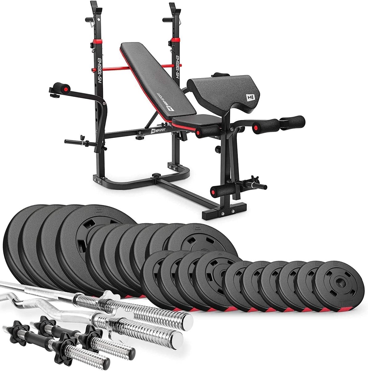 Hop-Sport HS-1065 – Krachtstation – 105 kg Halterset – Halterbank – Curlstang