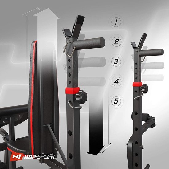Detail van de hoogteverstelling van een fitnessbank, met nummers 1 t/m 5 die verschillende posities aangeven.