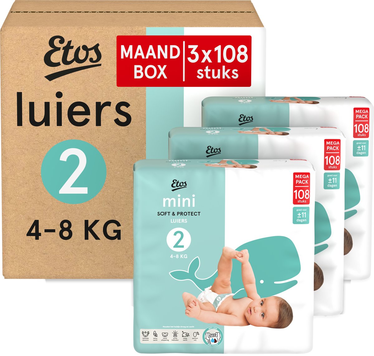 Etos Luiers - Mini - Maat 2 - 4-8 kg - Maandbox - 324 stuks