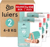 Doos met Etos luiers, mini, maat 2, 4-8 kg. Drie mega packs van 108 luiers zijn uitgestald. Op de voorste luierverpakking ligt een baby met een walvis.