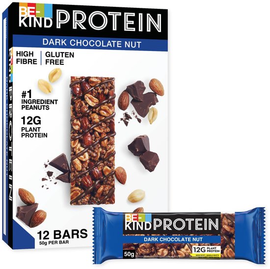 Verpakking van Be-Kind Dark Chocolate Nut proteïnerepen, 12 repen van 50g. Met een proteïnereep, pinda's, amandelen en stukjes pure chocolade.