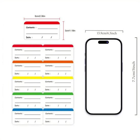 Een weergave van 100 gekleurde vriezeretiketten van 6x3 cm en een smartphone van 15,9 x 7,7 cm.