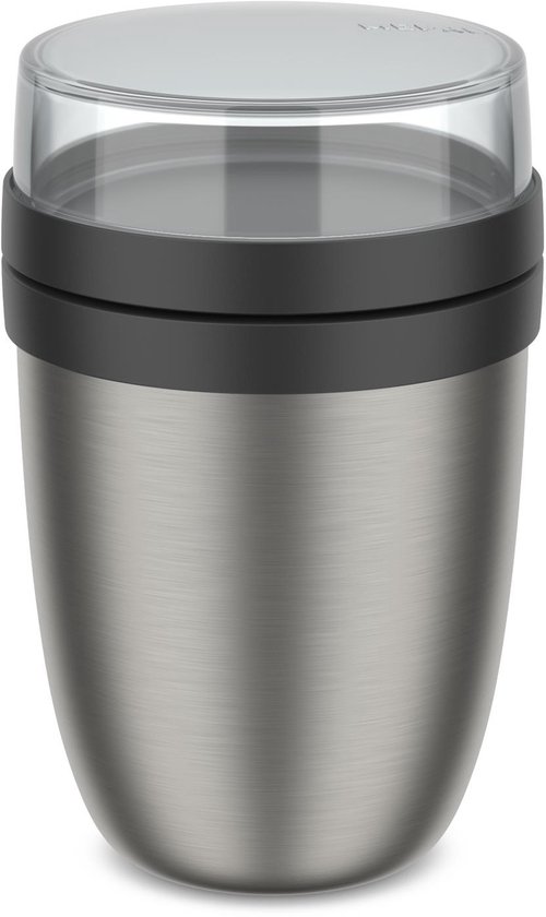 Lunchpot isotherme argenté avec bande noire et couvercle transparent.