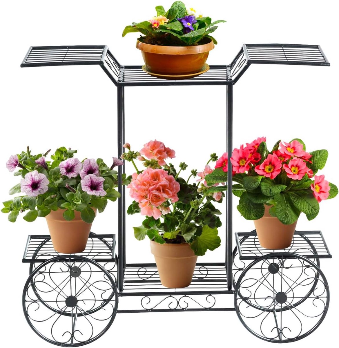 COSTWAY Plantenrek metaal, bloemenrek zwart, bloemenstandaard met 6 planken, plantenhouder voor binnen en buiten, plantenstandaard balkon tuin, vrijstaande bloemenwagen
