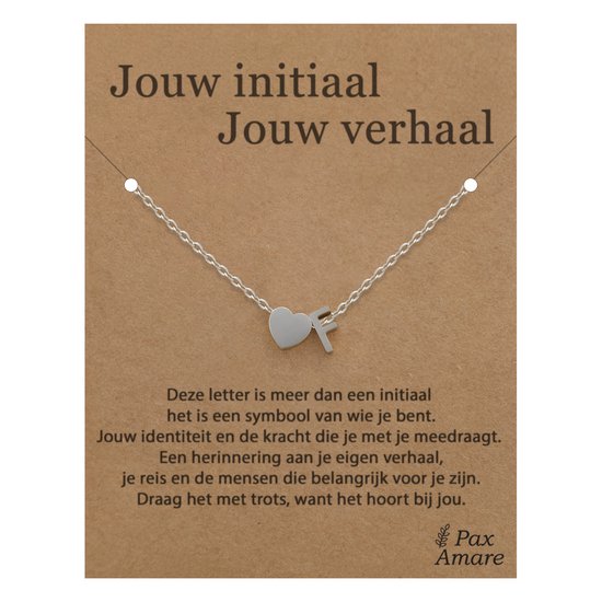 Collier Lettre F sur carte cadeau - Votre initiale, votre histoire - 45 cm en acier inoxydable argenté - Pendentif initiale et cœur - Pax Amare