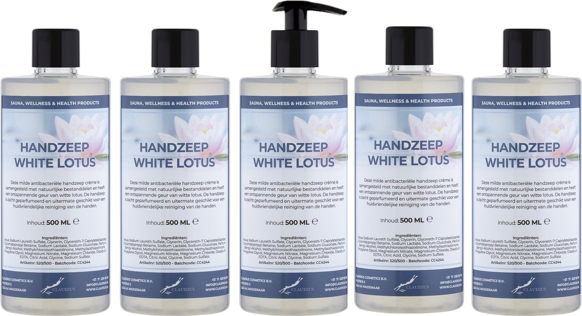 Goedkoopste Handzeep White Lotus 500 ml - met gratis pompje - set van 5 stuks - Voordeelverpakking