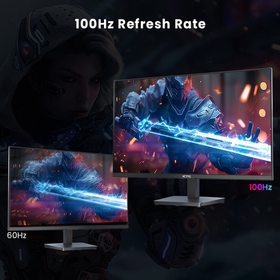 Twee KTC-monitoren die een game-personage tonen, met 100Hz en 60Hz vergelijking.