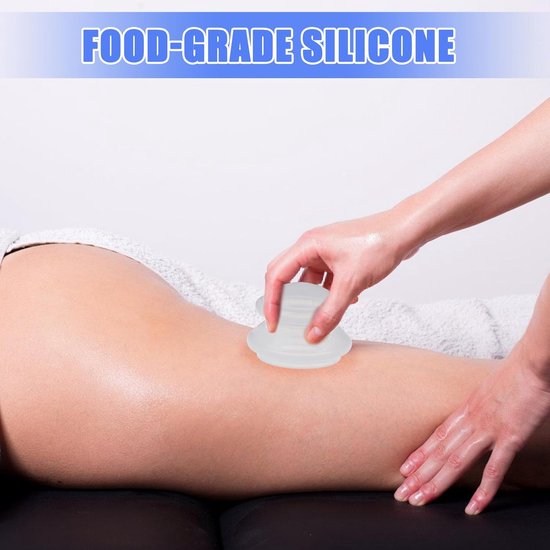 Een hand plaatst een transparante siliconen cupping glas op een been. "Food-grade silicone" is tekst op de afbeelding.