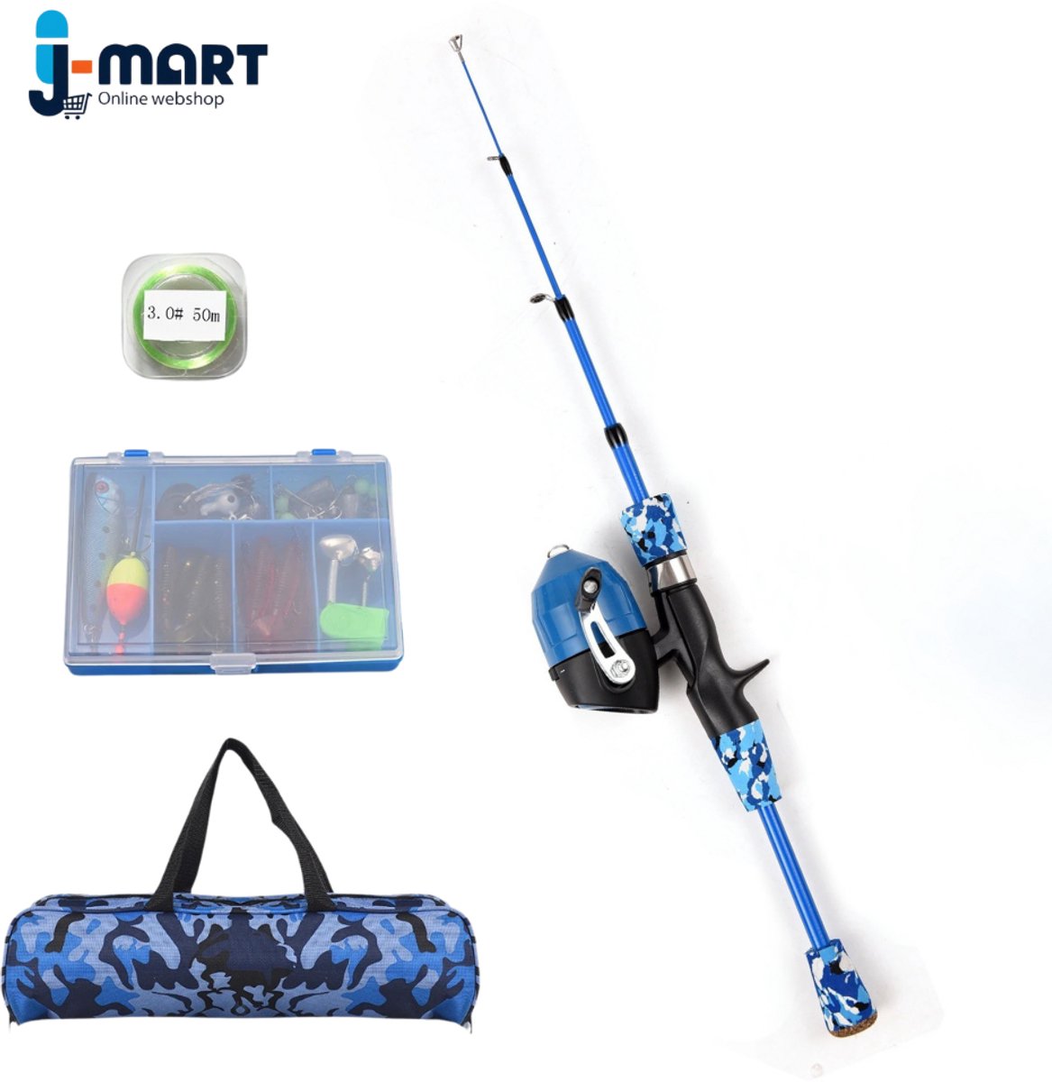 J-Mart Telescopische Vishengel - Kinder Hengel - Incl. Vislijn/Haken/Gewichten/Vlotter/ Hard en Zacht Aas - Blauw - 1,5 Meter