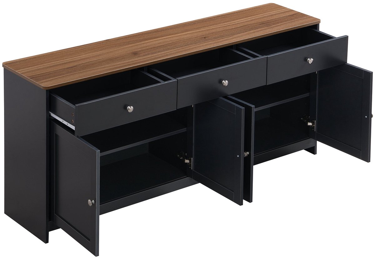 Merax Dressoir 160 cm – Met 4 Deuren & 3 Lades – Buffetkast in Houtlook & Grijs-Zwart – Voor Woonkamer & Eetkamer