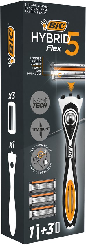 Boîte de rasoirs BIC Hybrid 5 Flex, avec des images du rasoir, des lames de recharge et de la technologie "Nano Tech Titanium".