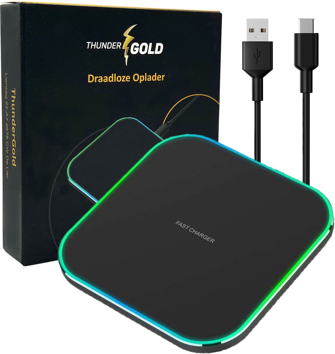 ThunderGold Draadloze oplader - Wireless Charger - Oplader Draadloos - Draadloze opladers - Draadloze lader - Snellader - Incl. Kabel - Zwart