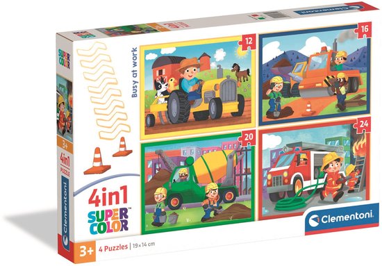 Clementoni - Kinderpuzzel 4 in 1 - Busy at Work - 12, 16, 20 en 24 Stukjes - Puzzel Vanaf 3 Jaar