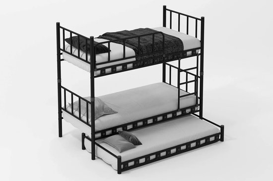 AirSleeperz® heavy duty metalen stapelbed Emma Family - kinderbed hoogslaper voor 3 personen - Kleur: zwart - Afmeting 90x200x175 cm