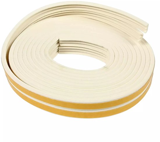 Opgerolde witte EPDM-tochtstrip met dubbele gele zelfklevende stroken.