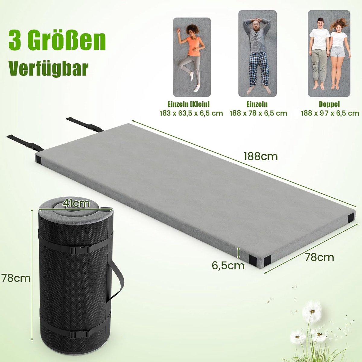 COSTWAY Traagschuim campingmatras, oprolbare campingmat met waterdichte coating, antislip onderkant en draagtas, vloermat, slaapmat, slaapmatras, isomat