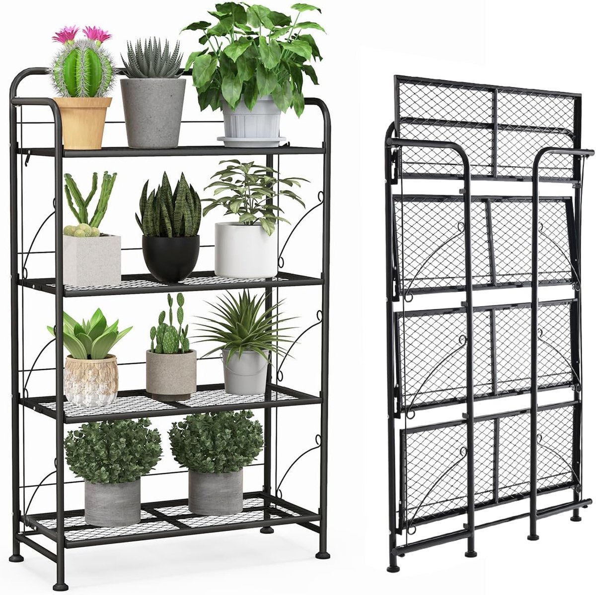COSTWAY Plantenstandaard, 4 etages, inklapbaar, metalen bloemenstandaard, bloemenrek met verstelbare plank, tot 40 kg, plantenrek, bloementrap, plantentrap, tuin, terras, balkon