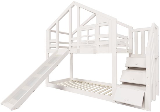 Sweiko Lit superposé enfant avec espace de rangement escalier, Cabane dans les arbres avec tiroirs et Protection contre les chutes 90 x 200 cm, Lit superposé enfant avec toboggan, Wit (Geen de matelas)