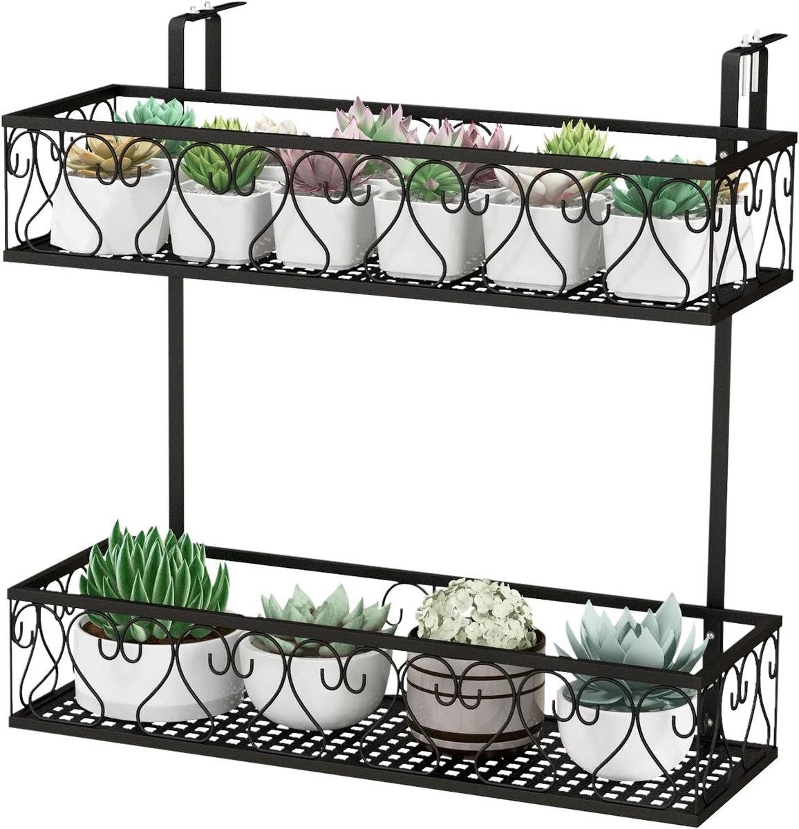 COSTWAY Bloemenrek om op te hangen, metalen bloempothouder, hangrek met verstelbare haken, potplantenhouder voor tuin, balkon, terras, reling, plantenrek, zwart