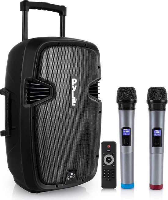Bluetooth PA luidsprekersysteem 1600W met subwoofer, 2 draadloze microfoons, afstandsbediening, oplaadbaar, wielen