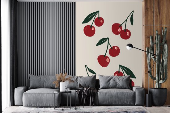 Behang - Fotobehang Kersen - Blaadjes - Rood - Breedte 195 cm x hoogte 300 cm