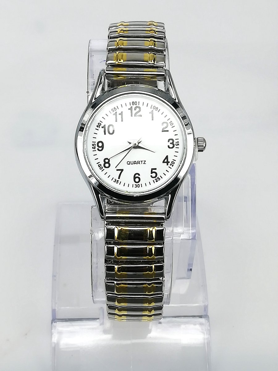 Dameshorloge - Rekband - Klassiek - Ø 30mm - L 17 cm - Zilverkleurig - Witte duidelijke wijzerplaat - band met zilverkleurig met beide zijde goud streepjes -past bijna elke pols.