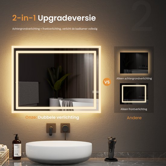 EMKE Badkamer Spiegel Met Verlichting 50x60cm, Spiegel Met Verlichting 50x60cm Spiegel Met Verlichting Touch Schakelaar Anti Condens Led Spiegel Met Koud Wit Licht