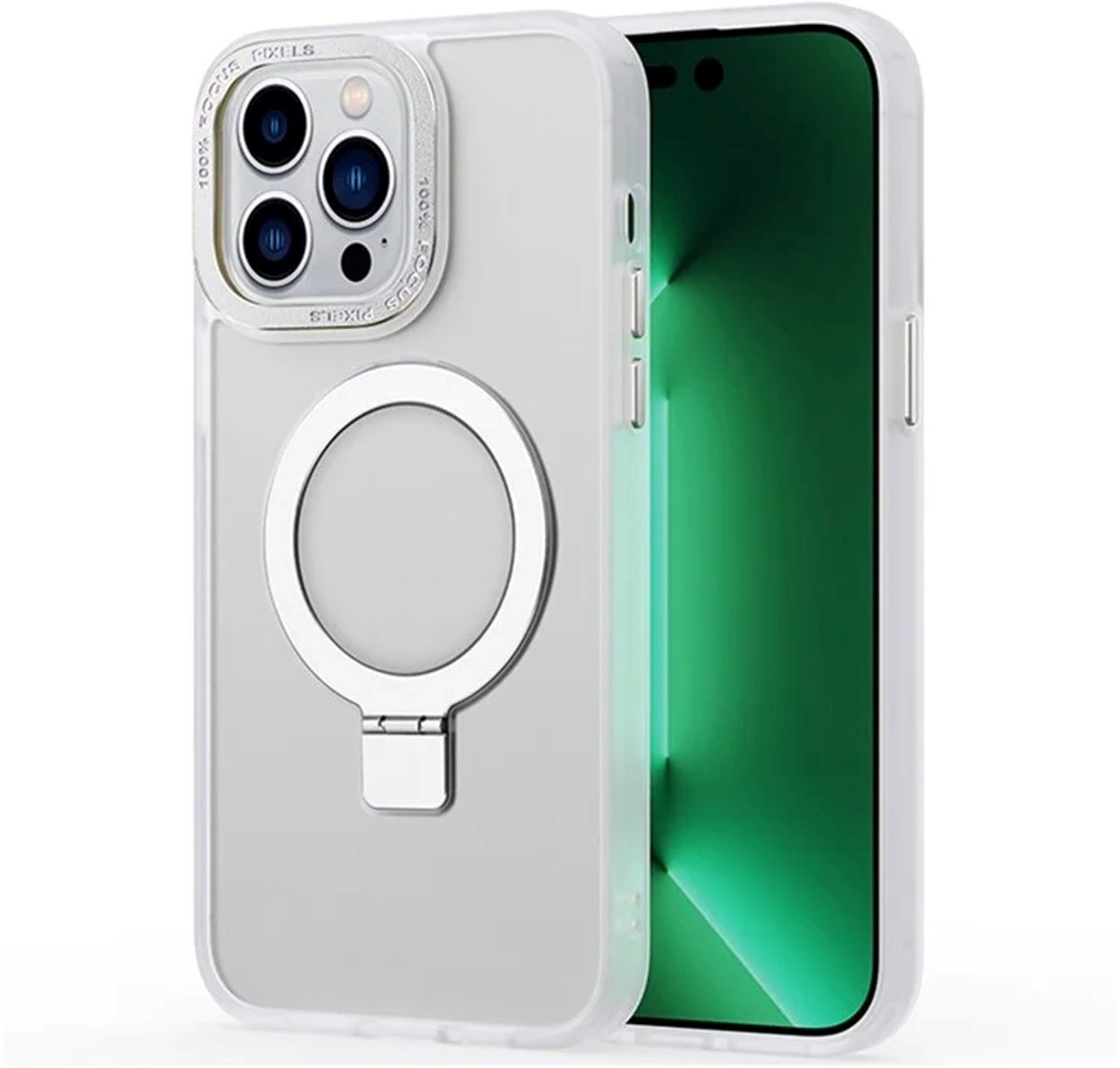 Cityhoesje - iPhone 15 Pro - Magnetic - Ring Holder Kickstand - Protective – Backcase - Wit