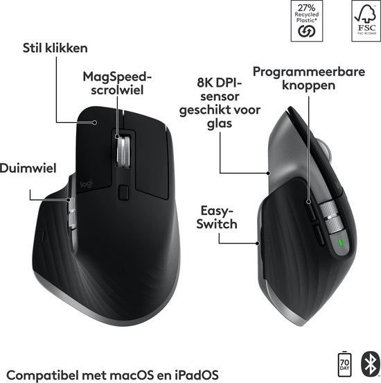 Souris Logitech MX Master 3S noire, avec molette MagSpeed, molette de pouce et capteur 8K DPI.