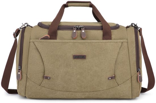 Olijfgroene canvas weekendtas met bruine leren details, twee handvatten en een afneembare schouderband.