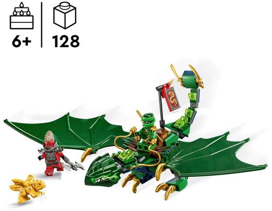 Een meisje met twee bollen in haar haar speelt met een groene LEGO draak en groene/rode ninjapopper figuren.