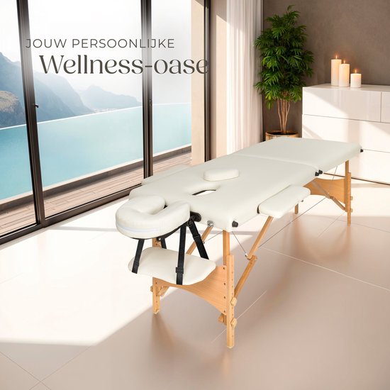 tectake® Massagetafel - 2 Zones, Opvouwbare en Draagbare Massagetafel met 5 cm Vulling, In Hoogte Verstelbaar, Mobiele Massagebank met Houten poten en Accessoires, Draagtas - Beige