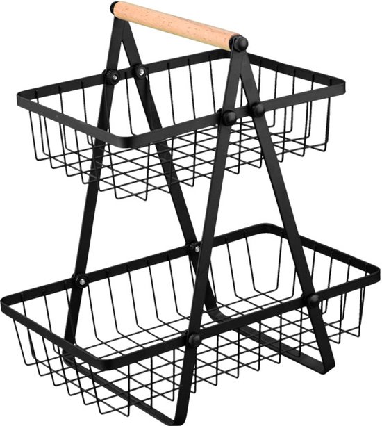 Zwarte tweelaagse etagère van metaal met houten handvat. Metalen manden met open structuur.