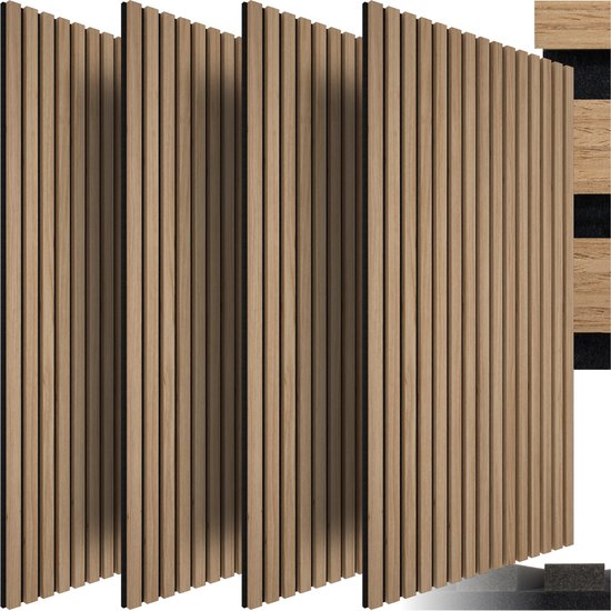 tectake® Akoestische Panelen - Set van 4 - Akoestisch Wandpaneel - 120 x 60 cm - 2,88 m² - Wandpanelen met Aanpasbare Grootte - Lattenwand van MDF en Houtfineer - Geluidsisolatie - Stijlvolle Wanddecoratie - Eenvoudige Montage - Licht Eiken