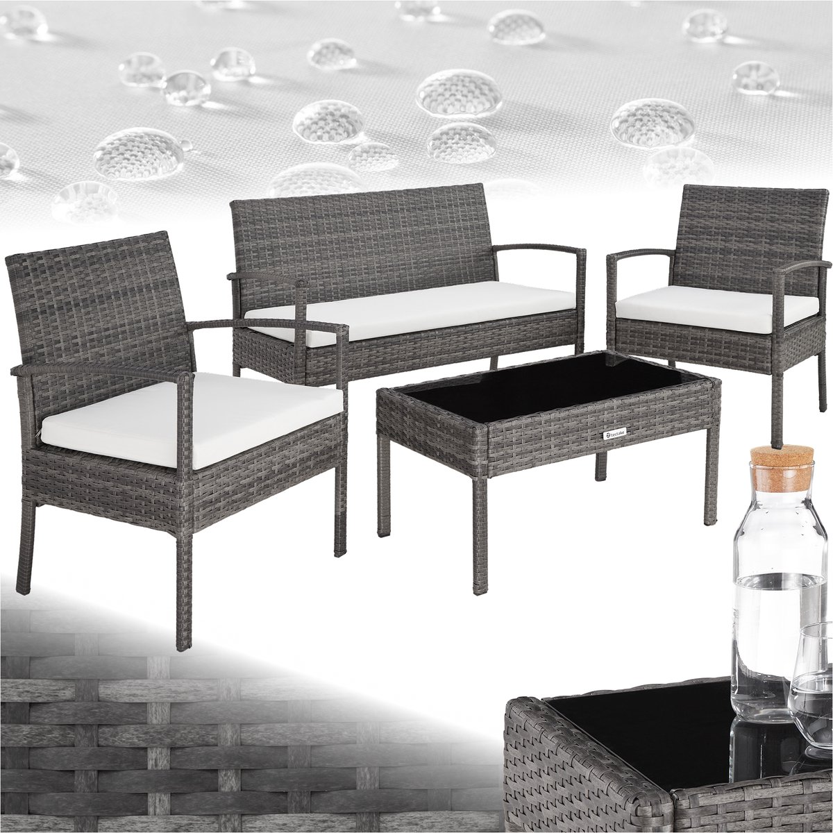 tectake® - Wicker tuinset - Weerbestendig - Tuinset met 2 Fauteuils, 1 Tuinbank, 1 Tafel - Outdoor Loungemeubelset voor Tuin, Terras en Balkon - grijs tectake® - Wicker tuinset - Weerbestendig - Tuinset met 2 Fauteuils, 1 Tuinbank, 1 Tafel - Outdoor Loungemeubelset voor Tuin, Terras en Balkon - grijs - Image 1