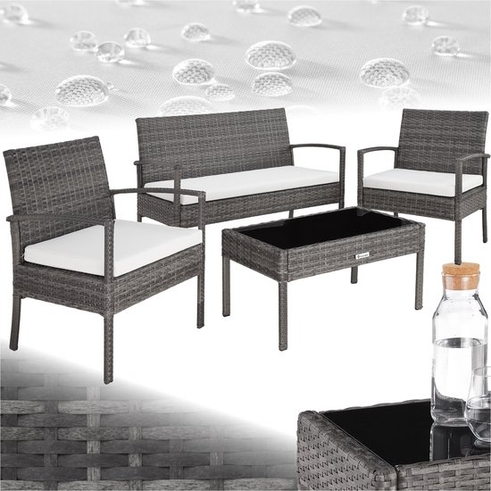 tectake® - Wicker tuinset - Weerbestendig - Tuinset met 2 Fauteuils, 1 Tuinbank, 1 Tafel - Outdoor Loungemeubelset voor Tuin, Terras en Balkon - grijs