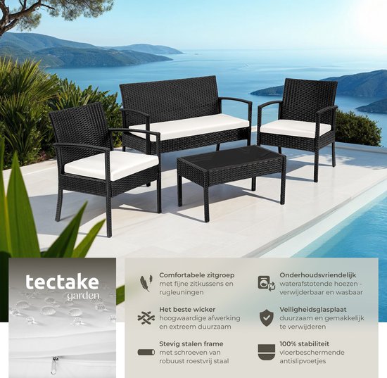 tectake® Tuinset 4 persoons - 2 Tuinstoelen - Tuintafel - Tuinbank - Wicker - Zwart - Geschikt voor tuin, balkon, terras, lounge of serre - Weer- en UV-bestendig