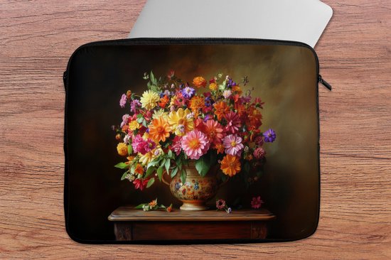 Housse pour ordinateur portable 15,6 pouces - Couleurs - Bouquet - Vase - Bois - Dimensions intérieures 37x26 cm - Dos noir