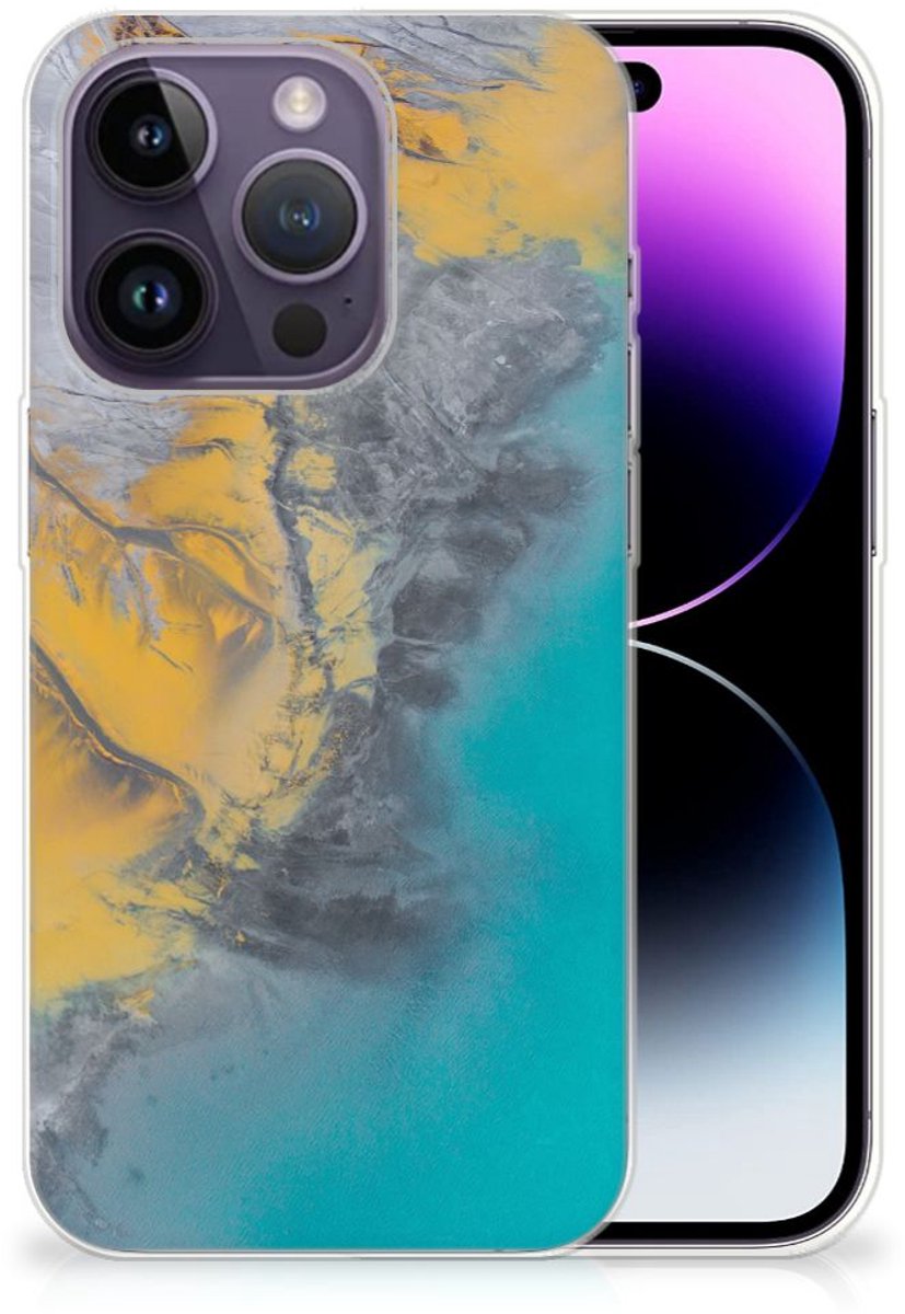 Apple iPhone 14 Pro TPU Siliconen Hoesje Marble Blue Gold
