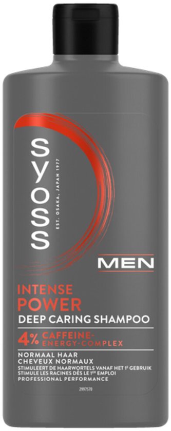 Grijze fles met zwarte dop. Rode en oranje accenten. "SYOSS MEN INTENSE POWER DEEP CARING SHAMPOO 4% CAFFEINE ENERGY COMPLEX" tekst.