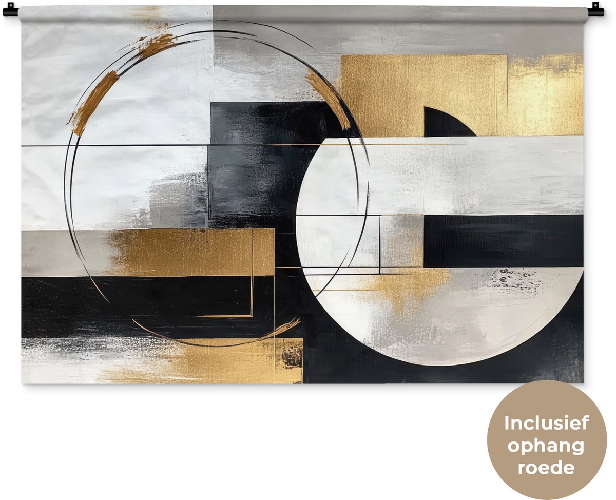 Wandkleed 120x80 cm - Wanddoek Abstract - Goud - Zilver - Vormen - Aesthetic - Wandtapijt - Wandkleden